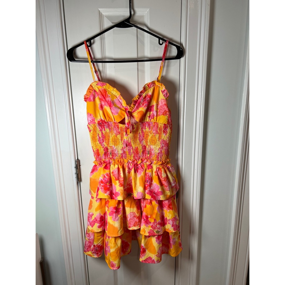 Floral Tiered Ruffle Mini Dress Orange Pink Tropical Smocked Sun Dress Womens